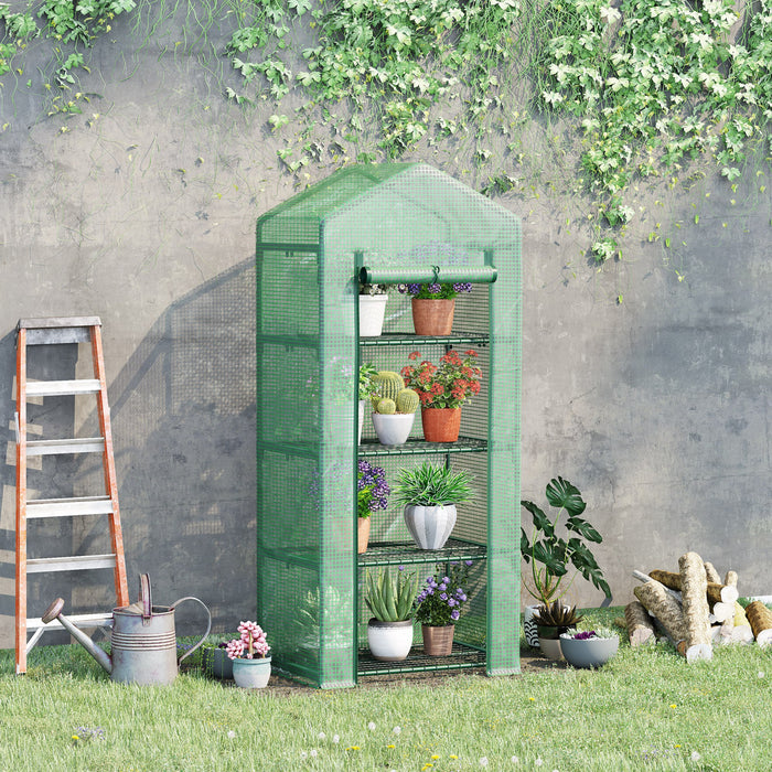 Outsunny 28\" X 20\" X 63\" Portable Greenhouse With 4 Tier Shelves Outdoor Hot House Plant Flower Greenhouse, Steel Frame, Pe Cover, Dark Green