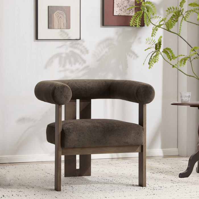 Crest Modern Upholstered Round Arm Accent Chair with Three-Leg Design, Dark Brown, Walnut