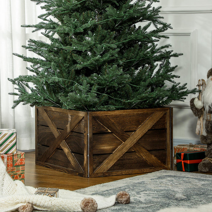 HOMCOM 24\" Wooden Christmas Tree Collar Box Dark Distressed Wood Finish