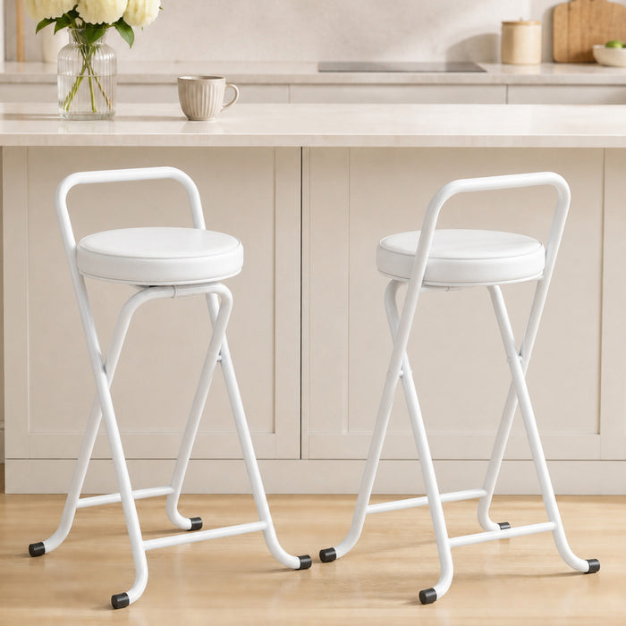 HOMCOM Folding Stools Set of 2, Foldable Bar Stools with PU Seat, White