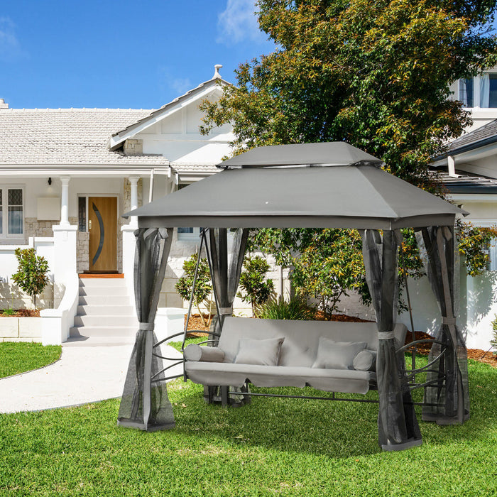 Outsunny 3 Person Outdoor Patio Daybed 3 In 1 Canopy Gazebo Swing Chair Garden Hammock With Mesh Mosquito Net And Sun Shade, Grey
