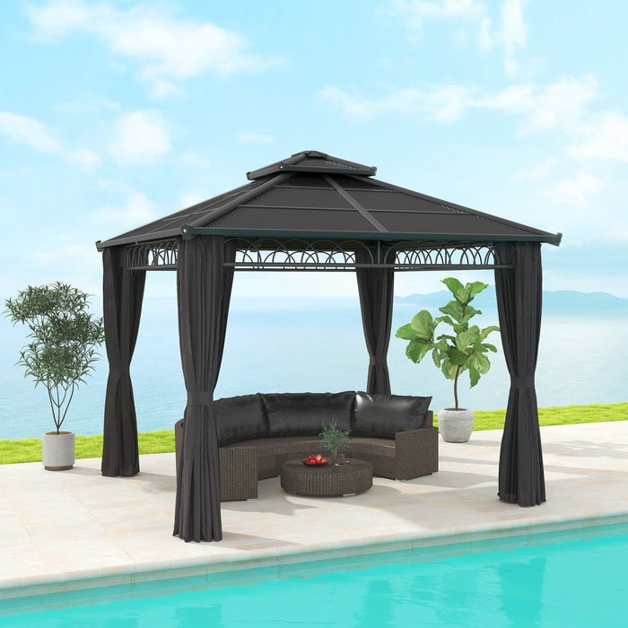 Outsunny 9' x 10' Double Roof Hardtop Gazebo with Nettings Curtains Black