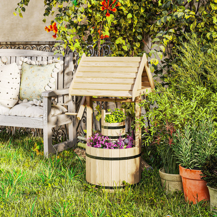 Outsunny Wishing Well Outdoor Wooden Planter with Hanging Bucket, Natural