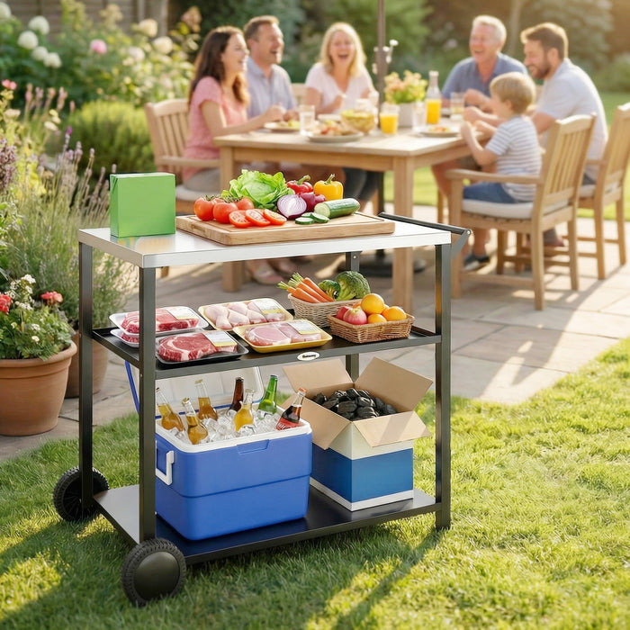 Outsunny Outdoor Grill Cart with Stainless Steel Tabletop for Food Prep, 3-Tier BBQ Stand, Pizza Oven Stand, Movable Food Prep Table and BBQ Cart on Wheels, Black