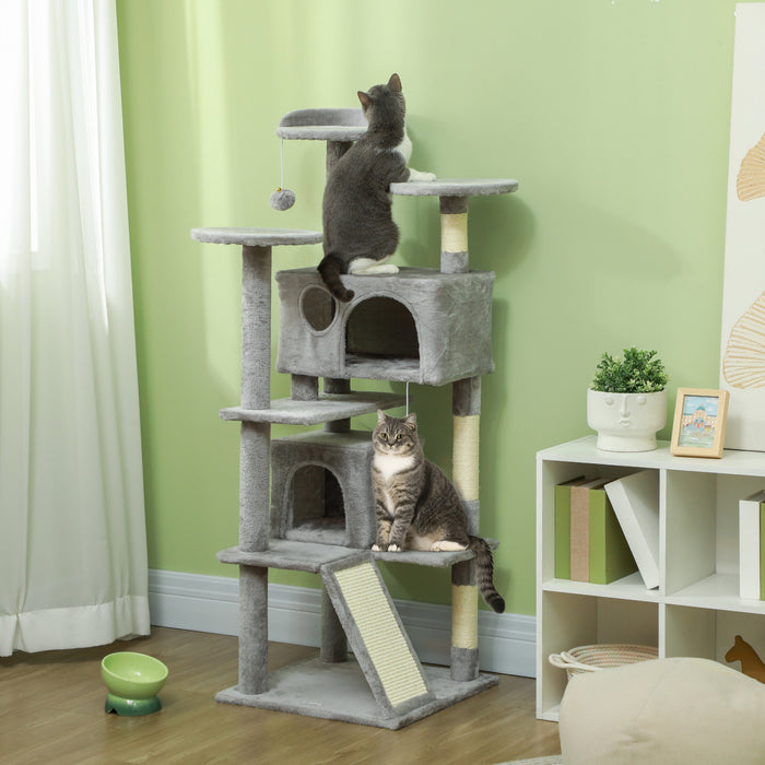 Pawhut 54\" Cat Tree, Cat Tower For Indoor Cats With Scratching Posts, Cat Condos, Bed, Platforms, Ramp, Toy Ball, Cat Activity Center, Light Grey