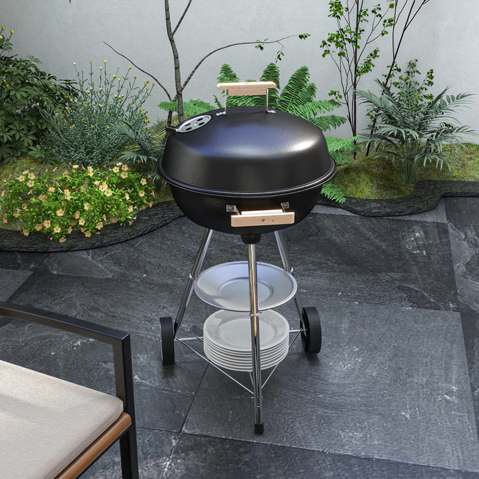 Outsunny Portable Charcoal BBQ Grill, Steel Barbecue Grill with Lid and Air Vents, Outdoor Camp Picnic Cooker with Wheels and Storage Shelf, Black