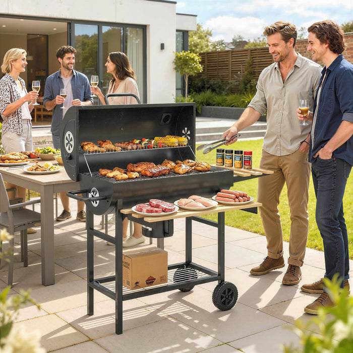 Outsunny Charcoal BBQ Grill with Foldable Shelves, Barbecue Grill with Warming Rack, Lid Thermometer, Wheels for Outdoor Cooking, Patio Backyard Party, Natural Wood and Black