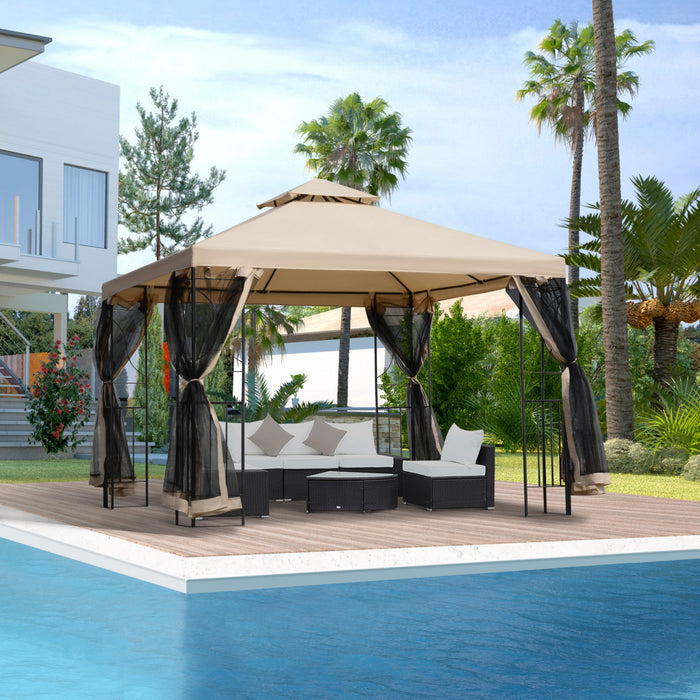 Outsunny 10x10ft Patio Gazebo Outdoor Double Top Pavilion Canopy Garden Event Party Tent Shelter Yard Sun Shade Steel Frame W/ Mosquito Netting