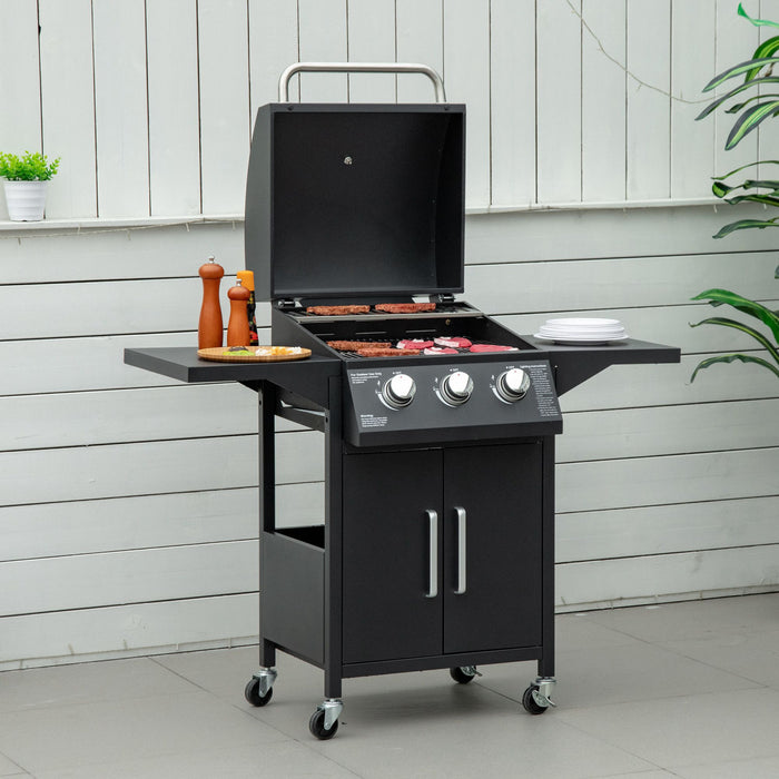 Outsunny 3 Burner Gas Grill, Portable Outdoor Propane Grill with Wheels, Carbon Steel Barbecue Trolley, Side Shelves, Warming Rack, Storage Cabinet, Thermometer, Black