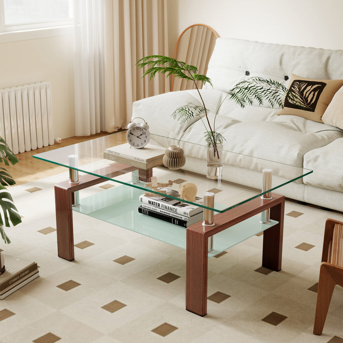 Liam Modern Rectangle Clear Tempered Glass Coffee Table,Walnut