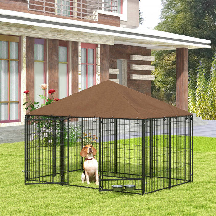 Pawhut Dog Run, 6.9' X 4.6' X 5' Outdoor Dog Kennel With Canopy, Rotating Bowls, Door For Backyard & Garden, Coffee