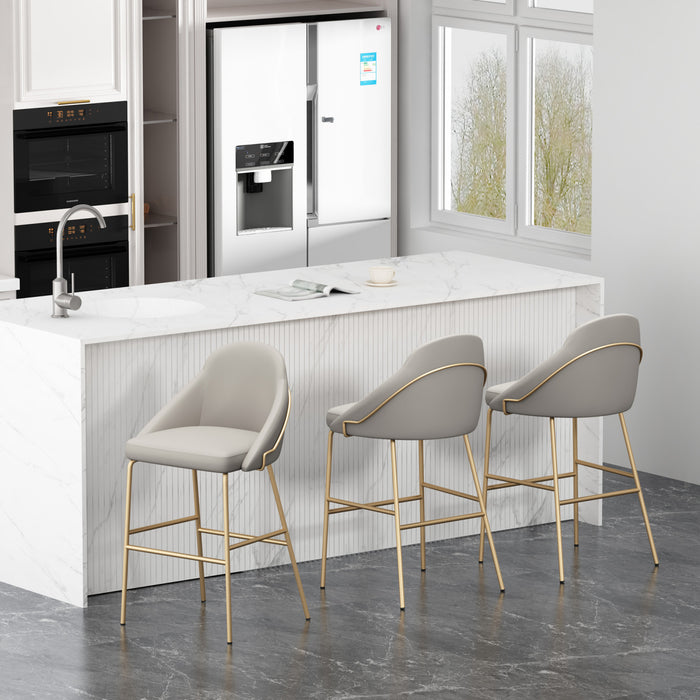 Gracie Modern Metal Upholstered Barstool in Stone Gray and Gold - Set of 3