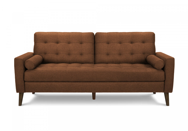 Upholstered Sofa, 75\"L, Decorative Pillows, Solid Wood Legs, Rust Fabric, Mid-Century Sofa
