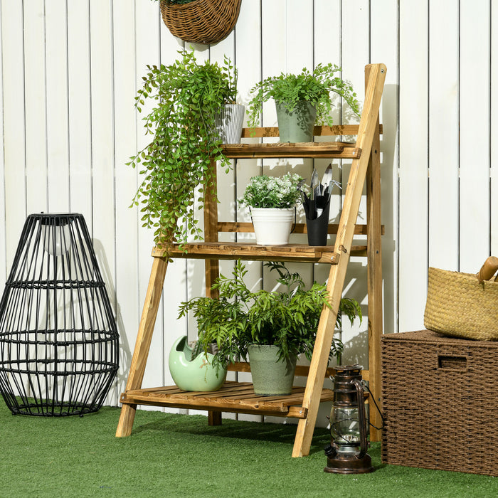 Outsunny Outdoor Plant Stand, Foldable Flower Stand 3-tier Wooden Plant Shelf For Garden Indoor Outdoor, 24\" X 14\" X 37\"