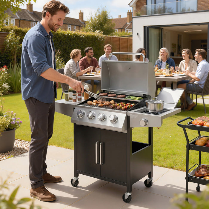 Outsunny 4+1 Burner Liquid Propane Gas Grill, 48,000 BTU Outdoor Portable BBQ Grill with Side Burner, Warming Rack, Side Shelf, Storage Cabinet, Thermometer, 4 Wheels, Silver