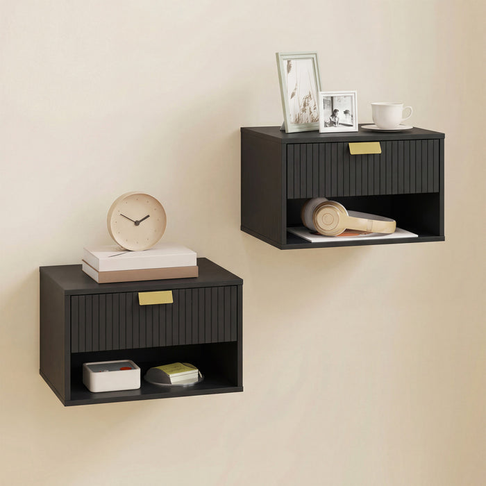 HOMCOM Floating Nightstands Set of 2 with Fluted Drawer Open Shelf Black