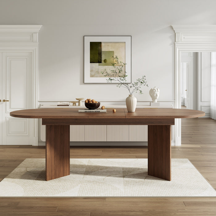 FlexDine 63-79 Inch Oval Extendable Dining Table with Hidden Leaf and Dual Pedestal Base, Walnut