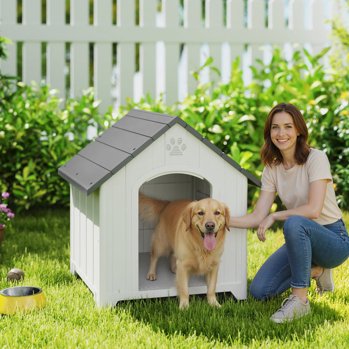 PawHut Large Plastic Dog House Outdoor Indoor, Water Resistant Puppy Shelter with Base Support, Air Vents, Elevated Floor, for Medium Large Pets, 34.6\" L x 31.1\" W x 35\" H