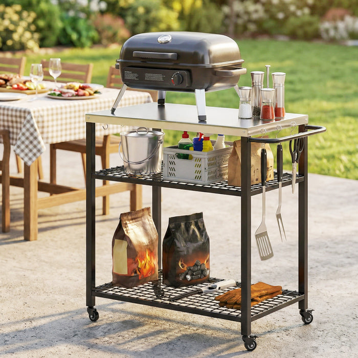 Outsunny Outdoor Grill Cart with Stainless Steel Tabletop, Movable Food Prep Table on Wheels, Two-Shelf Pizza Oven Stand, BBQ Stand for Kitchen Prep, Black