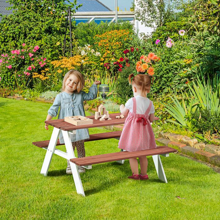 Outsunny Kids Picnic Table, Wooden Kids Table And Chair Set Outdoor Activity Table Bench For Backyard, Garden, Lawn For 3-8 Years, Brown