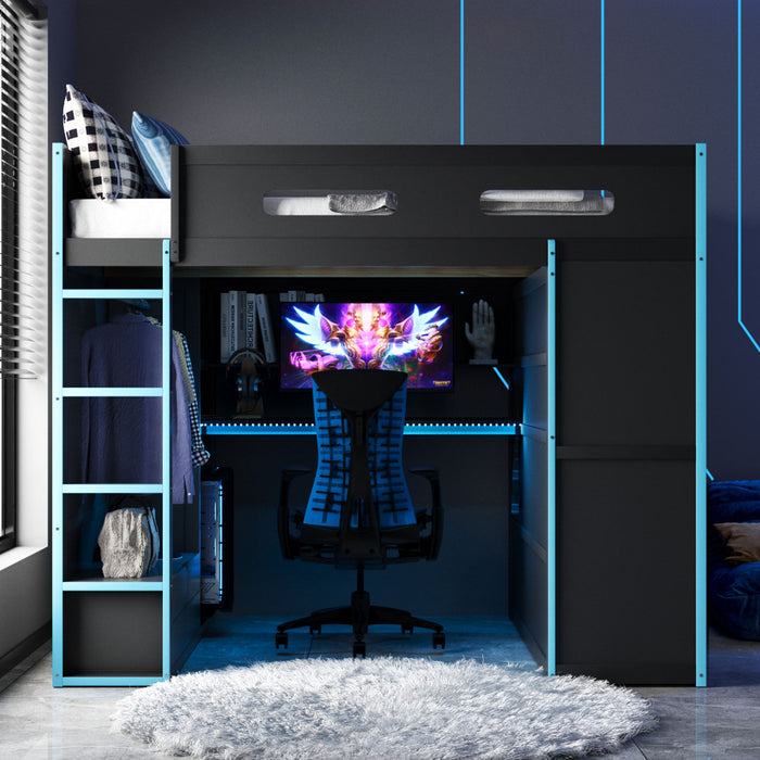 Jerry Wood Loft Bed with Desk and Storage,Full Size,Blue Full Bed