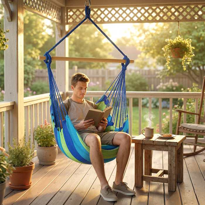 Outsunny Hammock Chair, Swing Hanging Macrame Chair, Blue and Green