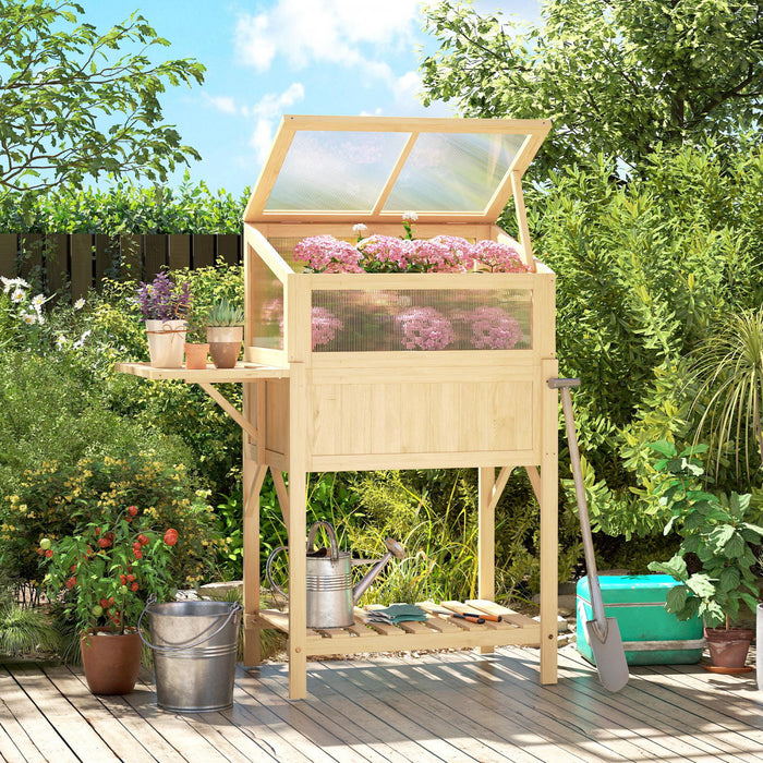 Outsunny Raised Garden Bed Planter with Cold Frame, Folding Table, Natural