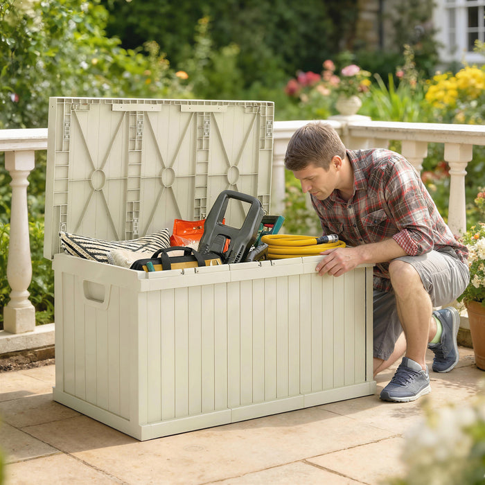 Outsunny 70 Gallon Deck Box, Resin Outdoor Storage Box with Handles, Sand