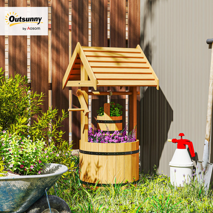 Outsunny Wishing Well Outdoor Wooden Planter with Hanging Bucket, Orange
