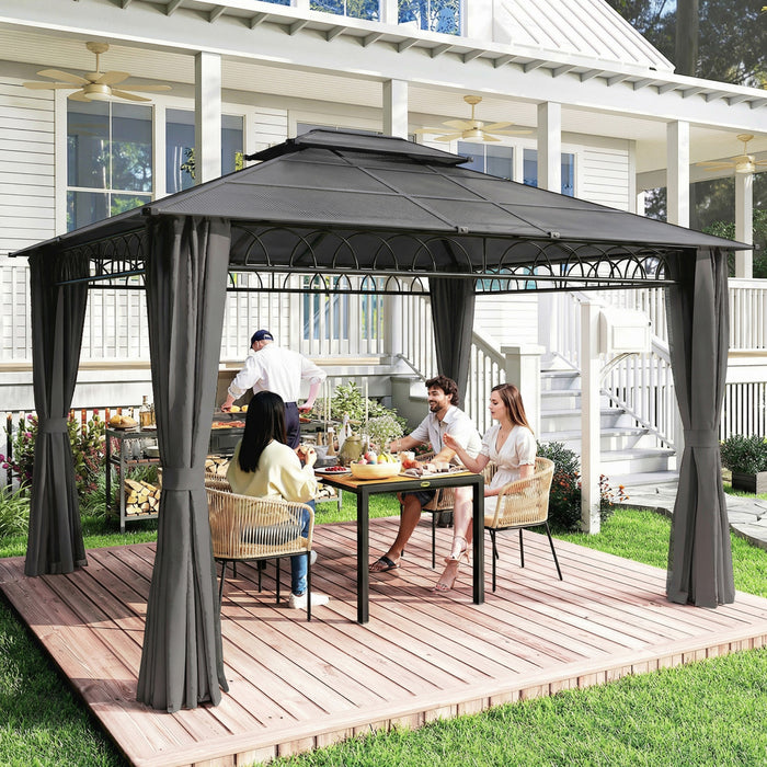 Outsunny 10' x 12' Double Roof Hardtop Gazebo with Curtains, Black