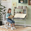 Qaba Kids Desk and Chair Set, Height Adjustable Children Study Table and Chair Set with Tiltable Desktop, Drawer and Shelves for Boys Girls Ages 3-12, Grey