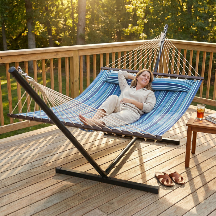 Outsunny Hammock with Stand Heavy Duty 139\", Blue and White