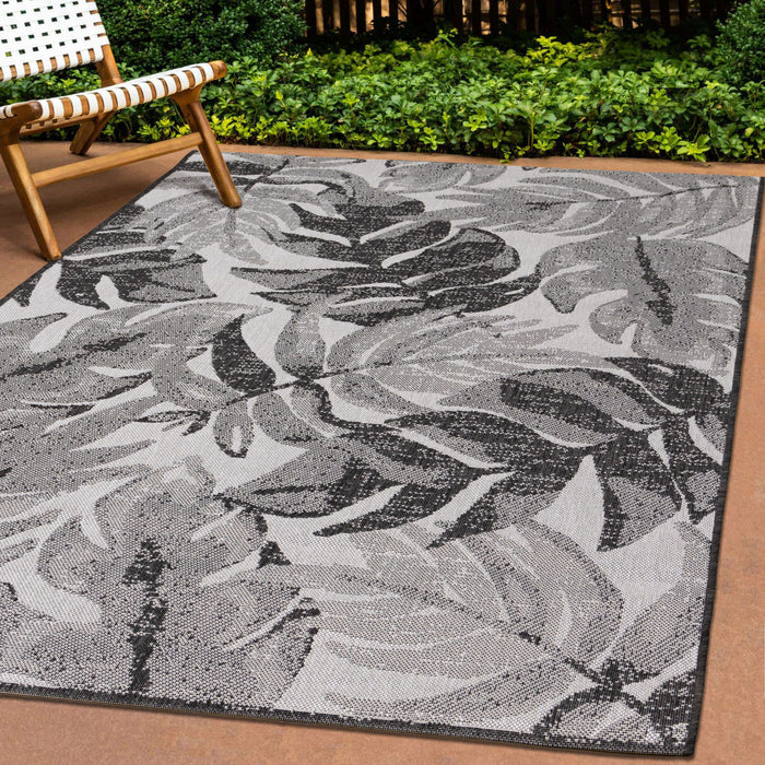 Jackson Grey White Botanical Leaves Rug, 7'10\" x 10'6\" Outdoor Area Rug