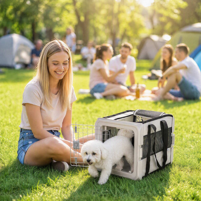 PawHut Pet Carrier Bag, Soft-Sided Dog Carrier with Bottom Board and Mesh Windows, Foldable Pet Travel Bag for Mini Dogs Under 22 lbs and Cats, Grey