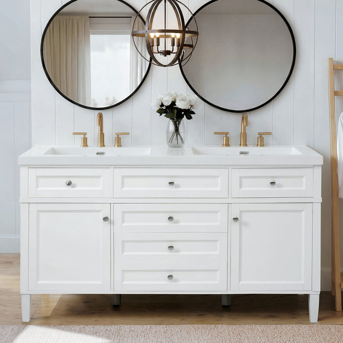 Haven 59 Inch Double Sink Bathroom Vanity with Resin Sinks and 3 Drawers, White