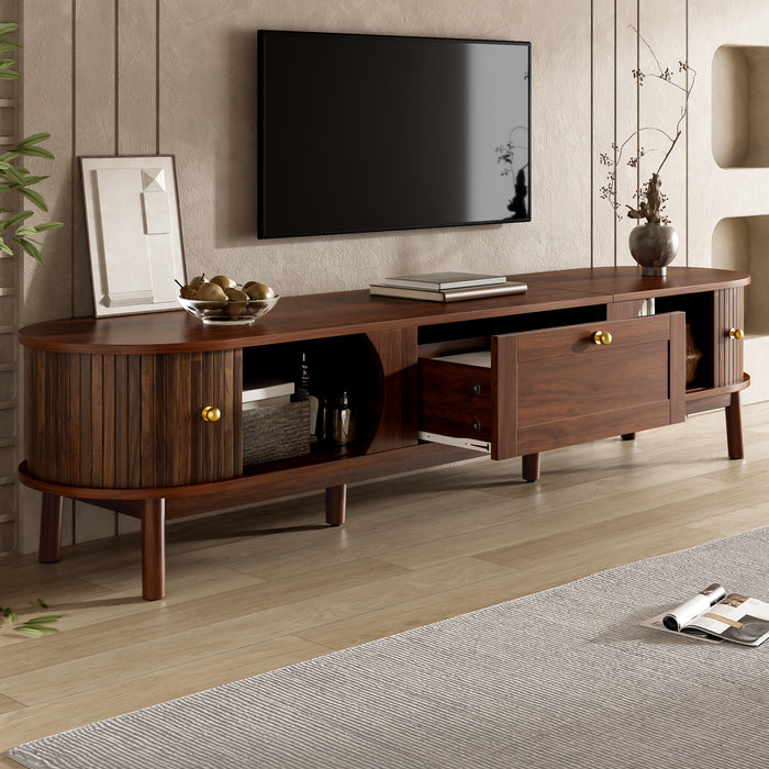 Oakmere 67 Inch Modern TV Stand with Drawer and Sliding Doors, Walnut