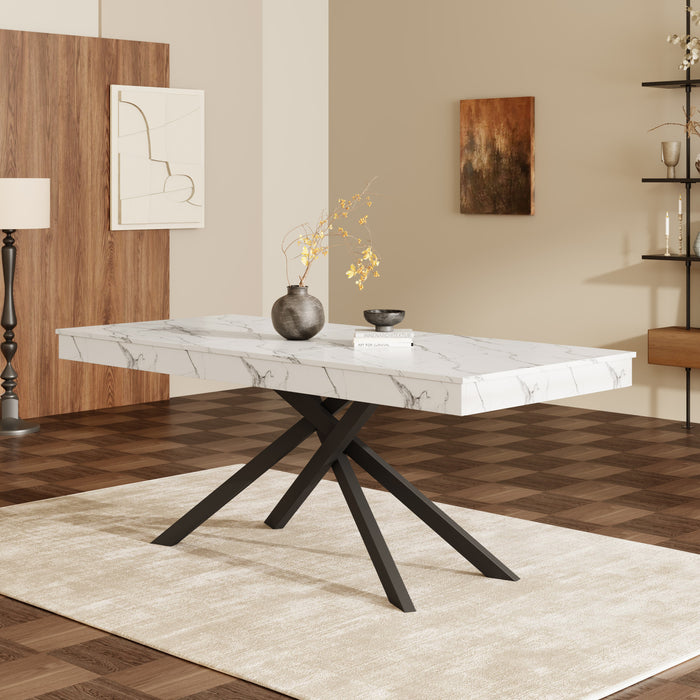 FlexDine 55-71 Inch Rectangular Extendable Dining Table with Cross Legs and Marble Effect Finish, White Marble