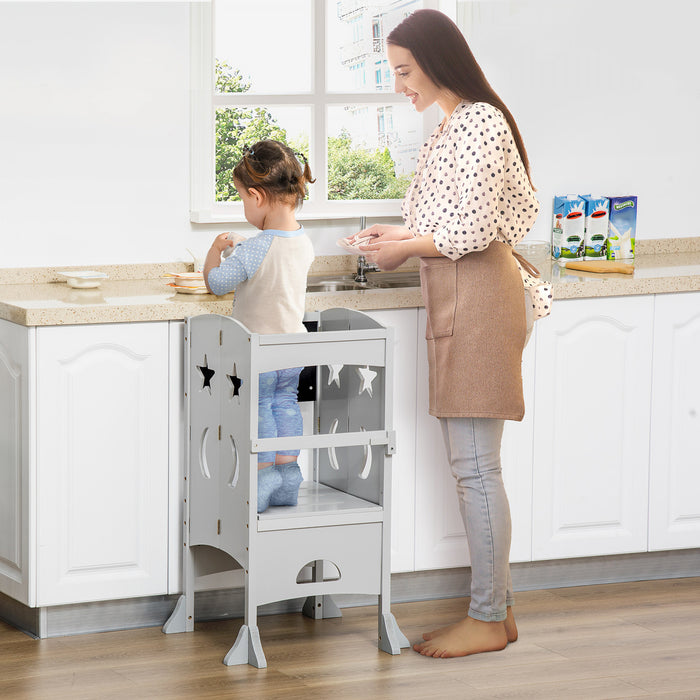 Qaba Kids Kitchen Helper Foldable Step Stool Toddler Kitchen Stool With Blackboard Lockable Handrail For 3-6 Years Old Grey