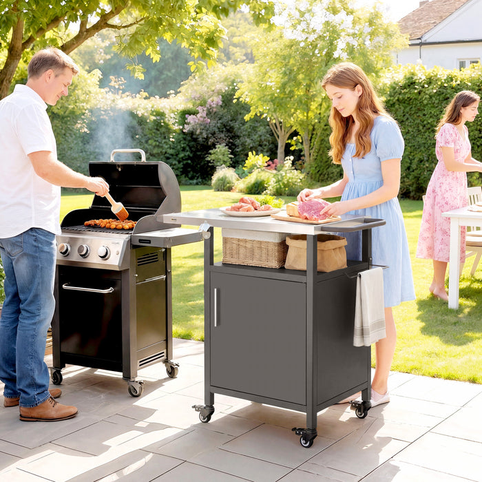 Outsunny Outdoor Grill Cart with Stainless Steel Tabletop for Kitchen Prep, Pizza Oven Stand with Cabinet, Spice Rack, Towel Holder, Bottle Opener, BBQ Stand on Wheels, Brown