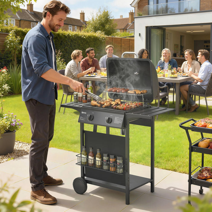 Outsunny 2-Burner Propane Gas Grill, 18000 BTU Outdoor BBQ Grill with Warming Rack, Shelf, Thermometer, Grease Cup, Barbeque for Backyard Patio, Black