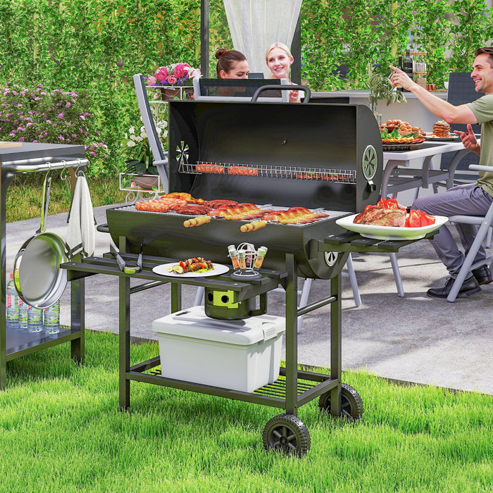 Outsunny 29\" Charcoal BBQ Grill with Foldable Front Side Table, Barbecue Grill with Spacious Cooking Area, Shelf, Lid, Thermometer, Wheels for Outdoor Cooking, Patio Backyard Party