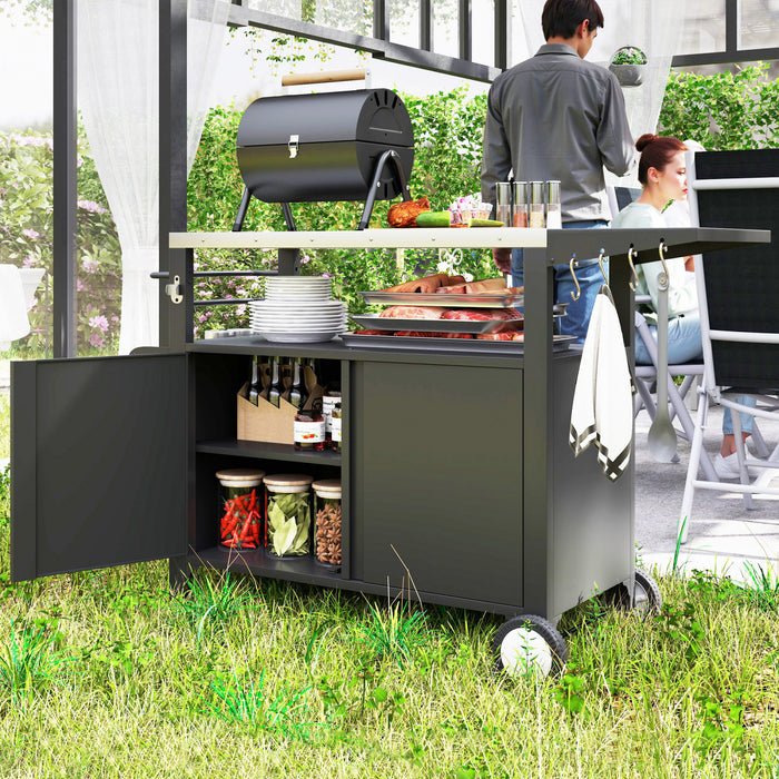 Outsunny Outdoor Grill Cart with Foldable Side Table, 37.8\" x 18.1\" Pizza Oven Stand with Stainless Steel Tabletop, Storage & Towel Rack, Hooks, Movable Food Prep Table on Wheels