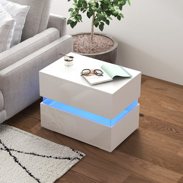 HOMCOM LED Nightstand Bedside Table with Drawers LED Light White