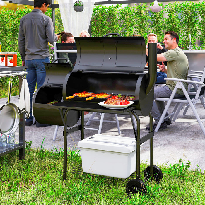 Outsunny Portable Outdoor Charcoal BBQ Grill with Offset Smoker, Barbecue Grill with Spacious Cooking Area, 2 Shelves, Thermometer, Wheels for Patio Backyard Party, Black