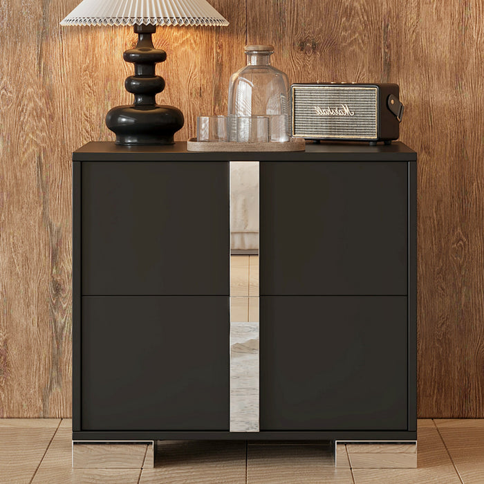 Nova Elegant Nightstand with Metal Foot and Mirrored Drawers, Black