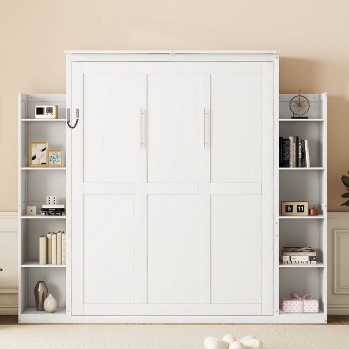 Aiden Murphy Bed with Shelves and LED Lights,Queen Size,White Queen Bed