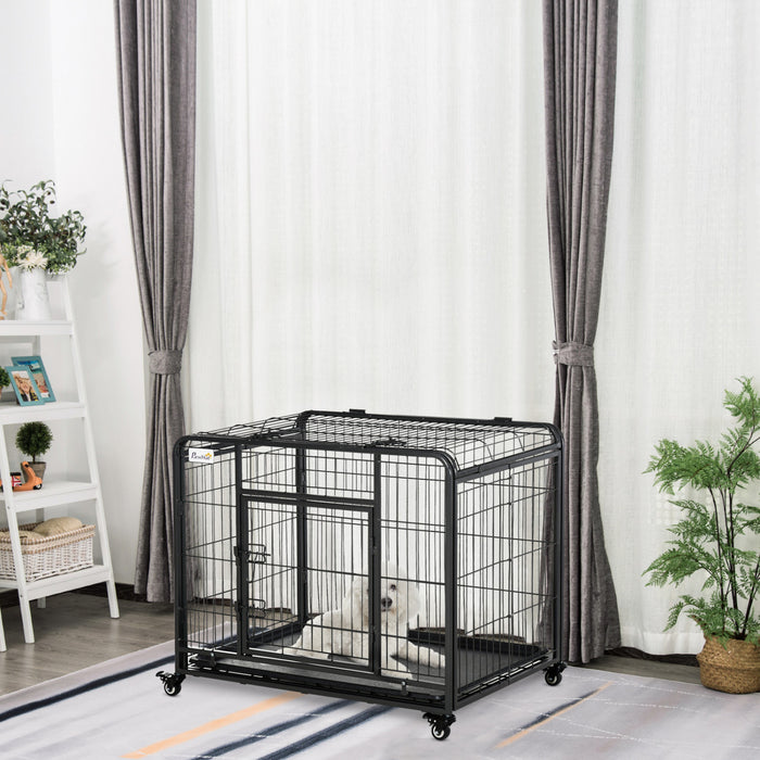 Pawhut Folding Heavy Duty Dog Crate Heavy Duty Cage For Medium Sized Dogs With Double Doors, Lockable Wheels Tray, 37\" X 23\" X 27\"