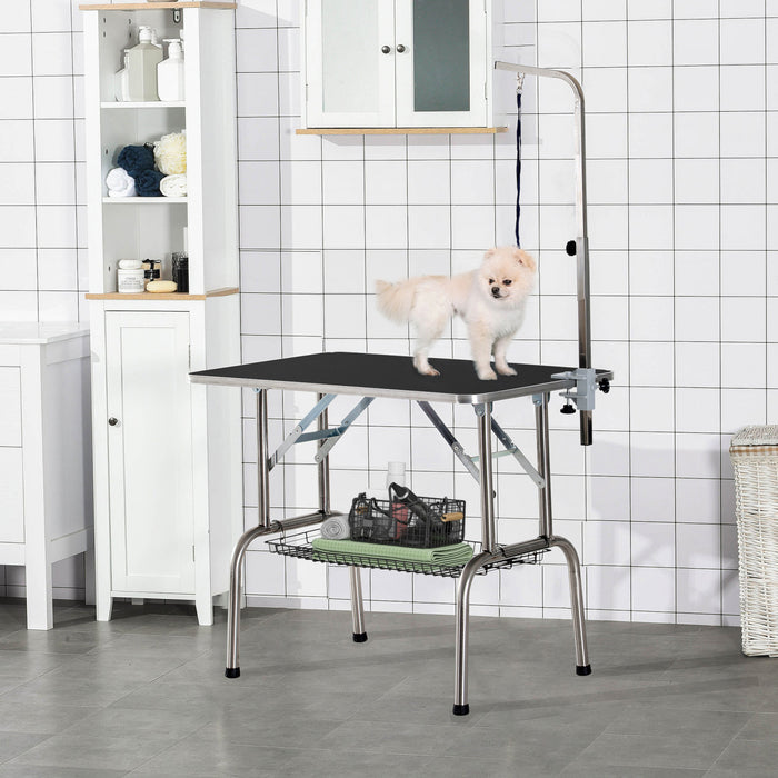 Pawhut Dog Grooming Table With Adjustable Grooming Arm, Pet Grooming Table For Dogs With Storage Shelf, Foldable Design Stainless Steel For All Sizes Dogs Cats, Black