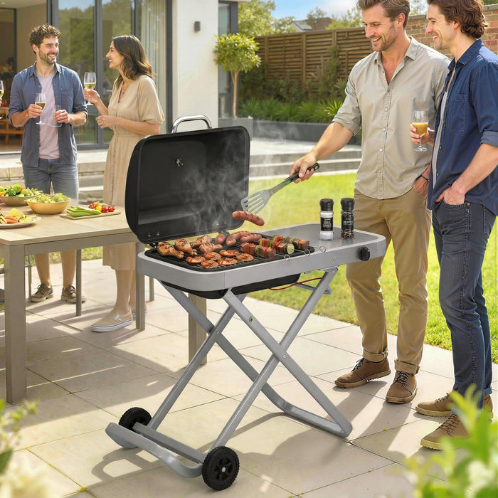 Outsunny Portable Propane Gas BBQ Grill with 9500 BTU Burner, Foldable Cart and Wheels, Piezo Ignition, Thermometer, Side Shelf for Outdoor Cooking, Gas Barbecue Grill, Black