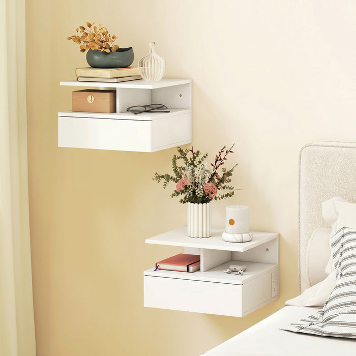 HOMCOM Floating Nightstand Set of 2, Bedside Table with with Power Outlets